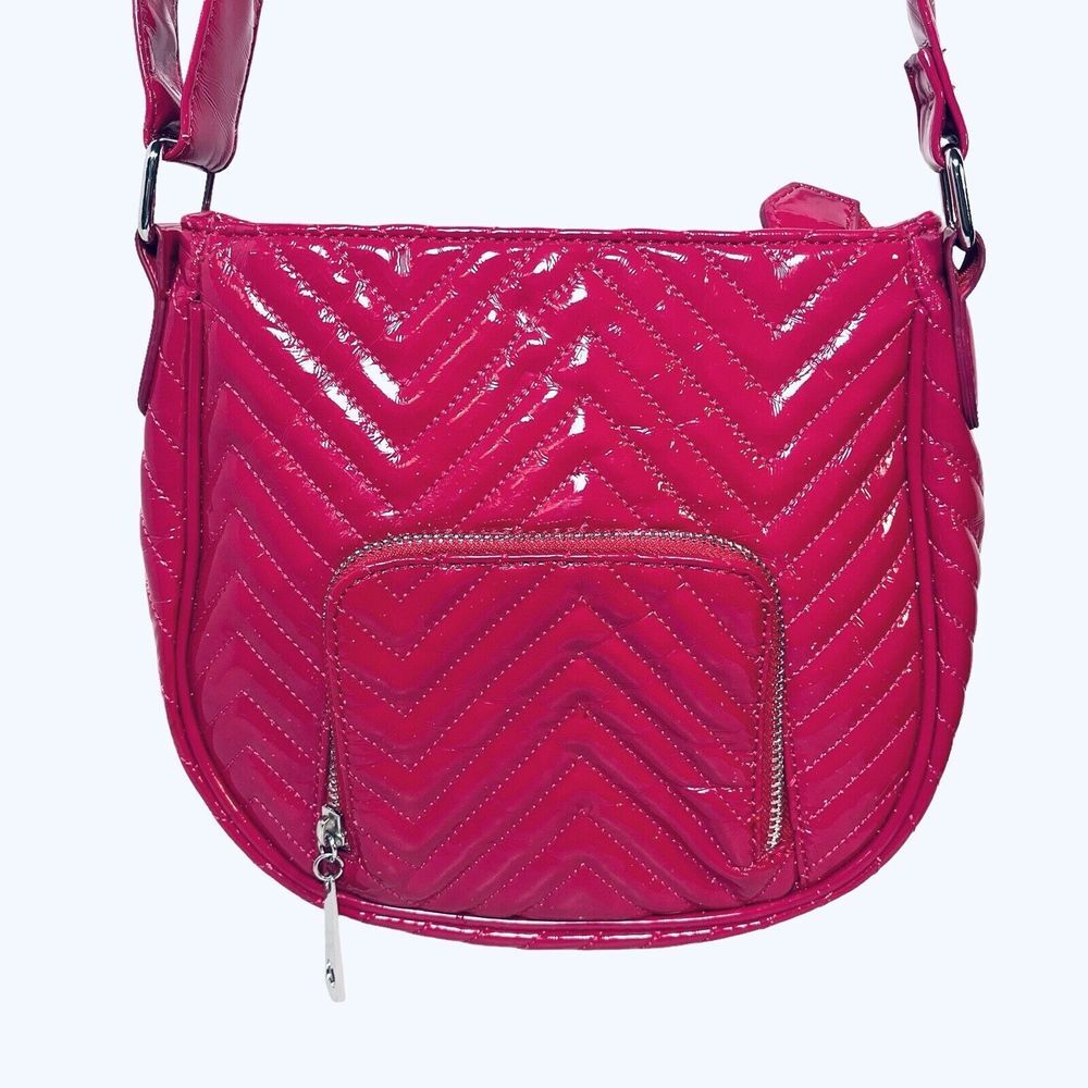 Big‎ Buddha Crossbody Bag Shoulder Tote Bright Pink Faux Patent Leather Chevron - Picture 3 of 16